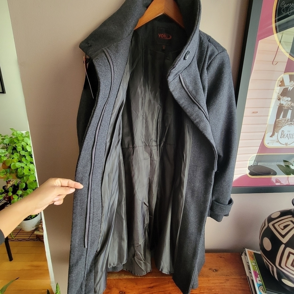 YOKI Outwear Winter Trench Coat Dark Charcoal Size Small Buttons /Belt New - Picture 11 of 15